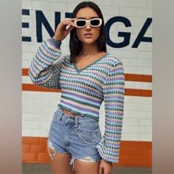 Zara Geometric Stripped knitted crop sweater top L - Picture 2 of 8